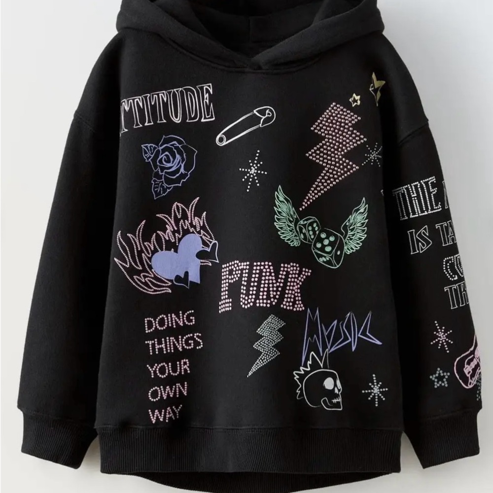Zara Black Graphic Sweatshirt with Punk-Inspired Designs